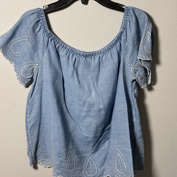 Forever 21 Women Denim Blue Chambray Off Shoulder Top size S - Picture 2 of 7